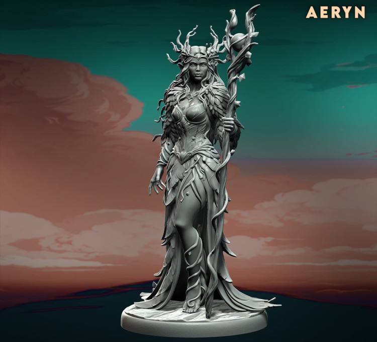 Heroiczna wojowniczka z rogatym hełmem i muskularną sylwetką, stojąca na ozdobnej podstawie w mistycznym świetle. Idealna do gier RPG, kolekcji fantasy i dioram o nordyckim klimacie.
