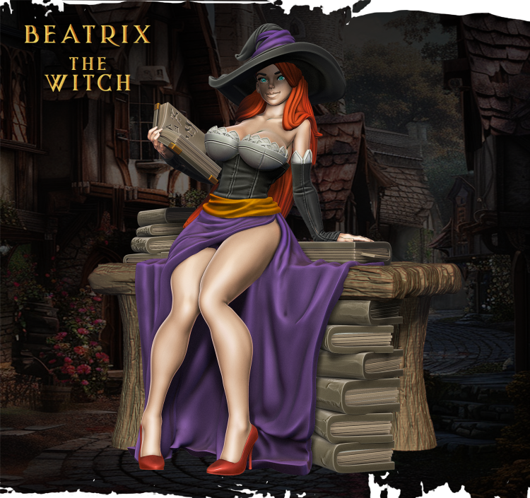 Beatrix z serii Legendary Heroes – czarodziejka w stroju wiedźmy, z księgą zaklęć i purpurowym kapeluszem. Idealna do gier RPG, dioram fantasy i kolekcji. Styl halloweenowy, aura magii, dynamiczna poza.