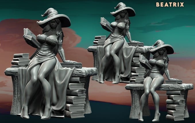 Beatrix z serii Legendary Heroes – czarodziejka w stroju wiedźmy, z księgą zaklęć i purpurowym kapeluszem. Idealna do gier RPG, dioram fantasy i kolekcji. Styl halloweenowy, aura magii, dynamiczna poza.