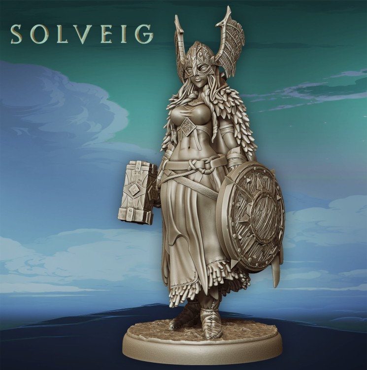 Solveig z serii Legendary Heroes – nordycka wojowniczka w zbroi z hełmem z rogami, tarczą i bronią. Idealna do gier RPG, dioram fantasy i kolekcji. Aura siły, odwagi i mitologii. Styl heroiczny, bogactwo detali, epicka kompozycja.