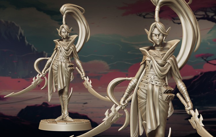 Vylessa z serii Legendary Heroes – wojowniczka w zbroi z zakrzywioną bronią, w dynamicznej pozie. Idealna do gier RPG, dioram fantasy i kolekcji. Aura furii, siły i mitologicznej grozy. Bogactwo detali, epicki styl, dramatyczne tło.