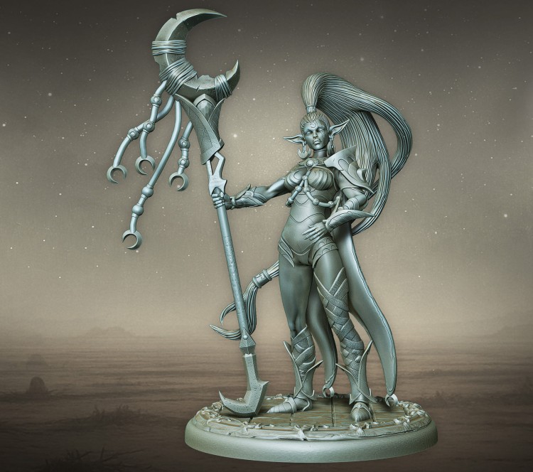 Eluna z serii Legendary Heroes – mistyczna postać z półksiężycowym artefaktem, w rytualnym stroju. Idealna do gier RPG, dioram fantasy i kolekcji. Aura magii, tajemnicy i duchowej siły. Styl eteryczny, bogactwo detali, dynamiczna kompozycja.