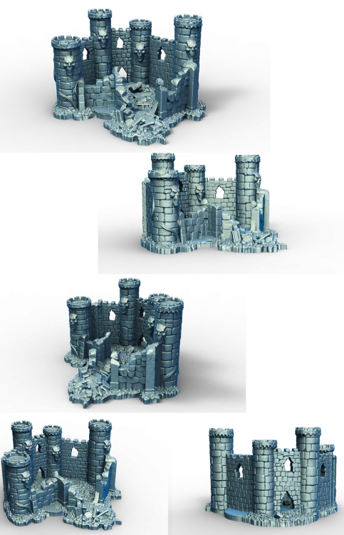 Kamienna struktura „Dead City – Zamek” – pojedynczy element ukazany z różnych stron. Styl fantasy, postapo, urban decay. Ręcznie rzeźbiony, gotowy do malowania, idealny do gier bitewnych, RPG, dioram i makiet. Skala 28–32 mm.