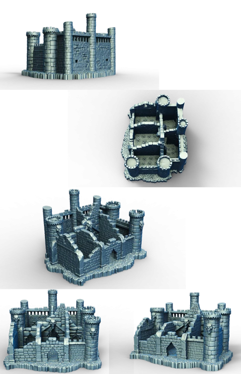 Kamienna struktura „Dead City – Zamek 2” – pojedynczy element ukazany z różnych stron. Styl fantasy, postapo, urban decay. Ręcznie rzeźbiony, gotowy do malowania, idealny do gier bitewnych, RPG, dioram i makiet. Skala 28–32 mm.