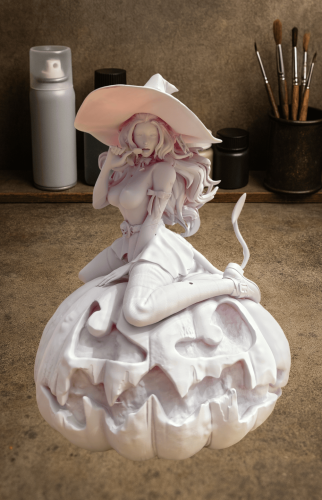 Figurka Lily – czarodziejka siedząca na dyni z demoniczną twarzą. Kapelusz, czaszka, ogon, fajka. Wysokość 180 mm, druk żywiczny. Model fantasy do malowania i kolekcji. Wersja NSFW dostępna.