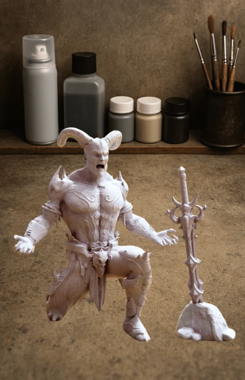 Figurka Cormag z serii Avalon Forces II przedstawia demonicznego wojownika z rogami, mieczem wbitym w skałę i czaszkowymi zdobieniami. Dynamiczna poza, kamienna podstawa i epicki klimat idealny do gier RPG i kolekcji fantasy.