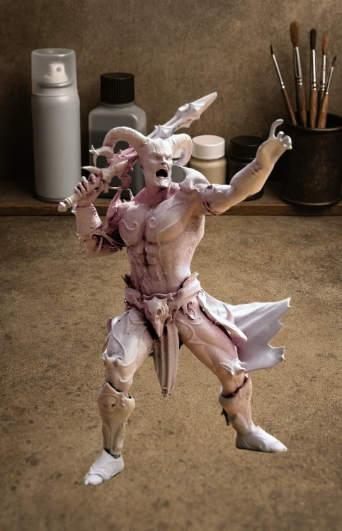 Figurka Cormag Horned przedstawia demonicznego wojownika z rogami, mieczem i czaszkowymi zdobieniami. Dynamiczna poza, tattered peleryna i kamienna podstawa idealna do gier RPG i kolekcji fantasy.