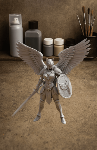 Skrzydlata postać o potężnej sylwetce i rozpostartych piórach, stojąca w dynamicznej pozie na ozdobnej podstawie. Idealna do gier RPG, dioram fantasy i kolekcji figurkowych. Figurka emanuje aurą boskiej siły i epickiego przeznaczenia.