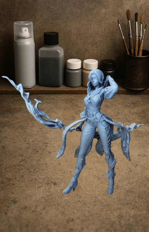 Sylara Windshot z serii Legendary Heroes – leśna wojowniczka z kosturem w dynamicznej pozie. Idealna do gier RPG, dioram fantasy i kolekcji. Aura natury, magii i ruchu. Styl druidyczny, bogactwo detali, epicka kompozycja.