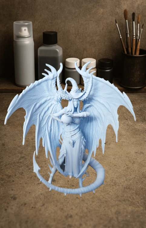 Caelith – figurka fantasy 32mm z serii Silverwood II. Tieflinka z magiczną kulą, skrzydłami i rogatą koroną. Tło z lasem i zamkiem. Idealna do gier RPG, kolekcji i malowania.