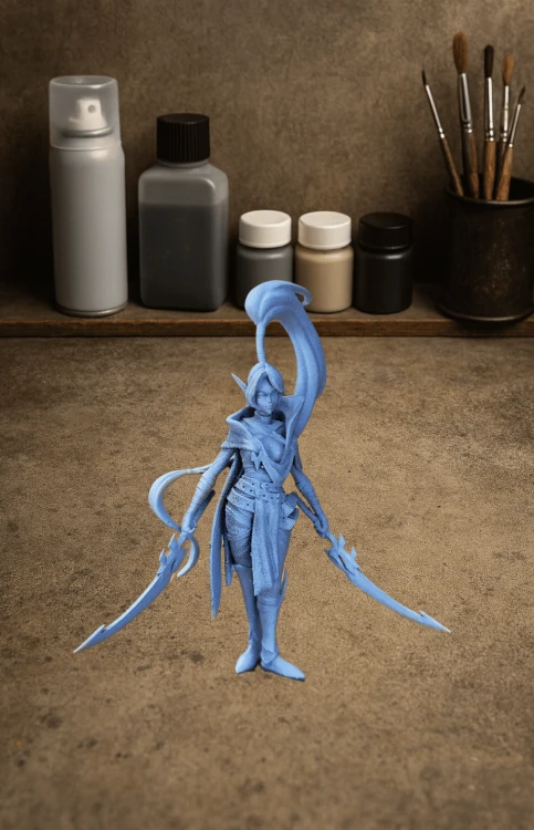 Vylessa z serii Legendary Heroes – wojowniczka w zbroi z zakrzywioną bronią, w dynamicznej pozie. Idealna do gier RPG, dioram fantasy i kolekcji. Aura furii, siły i mitologicznej grozy. Bogactwo detali, epicki styl, dramatyczne tło.
